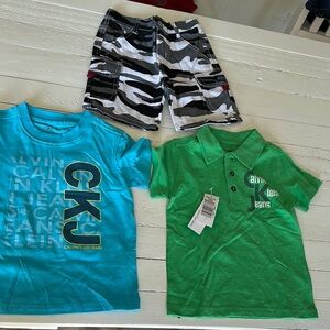 Calvin Klein Kids' Teal and Green T-Shirts with Camo buffalo Shorts all NEW
